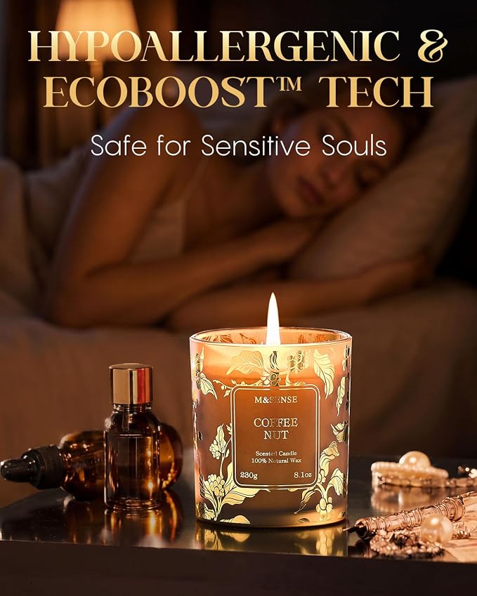 M&SENSE Coffee Nut Soy Candle, 7.8oz Gilded Glass, Coffee Lover Gift | 42H Slow Burn, Non-Toxic, Cozy Relax Calm, Warmer Safe, Reusable Jar, Sensitivity-Safe