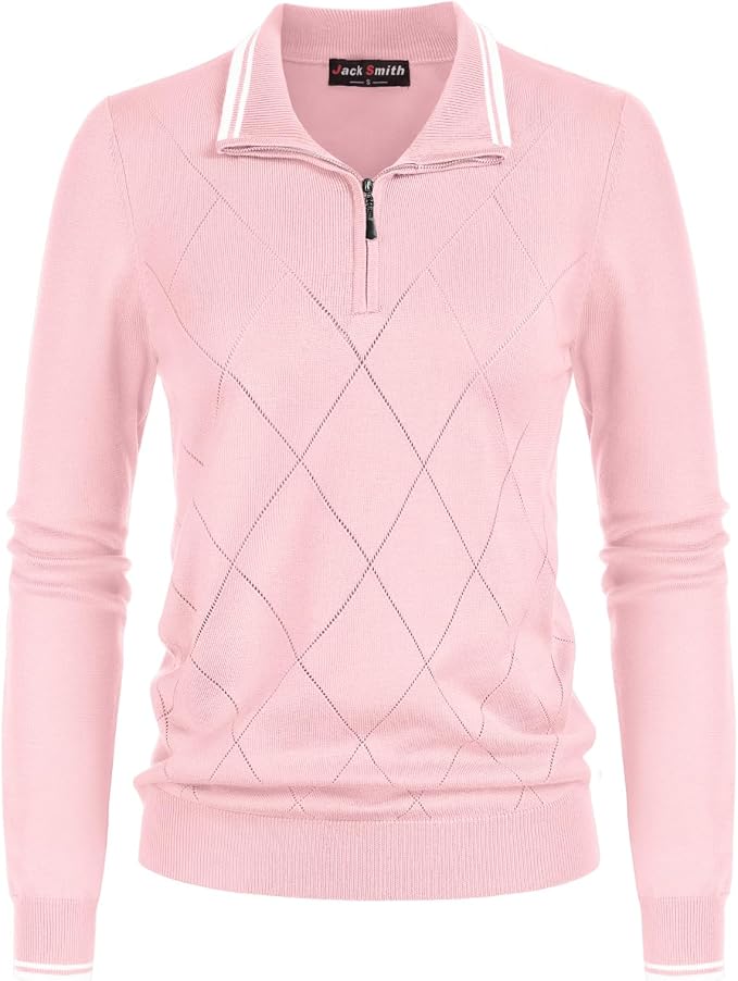 JACK SMITH Quarter Zip Pullover Sweaters for Womens, Rib Polo Sweater Tops | V Neck,Knit,Long Sleeve,Argyle,Open Pattern,Callar,Lightweight,Fashion,Golf Work Business Daily Wear Versatile Pullover Shirt