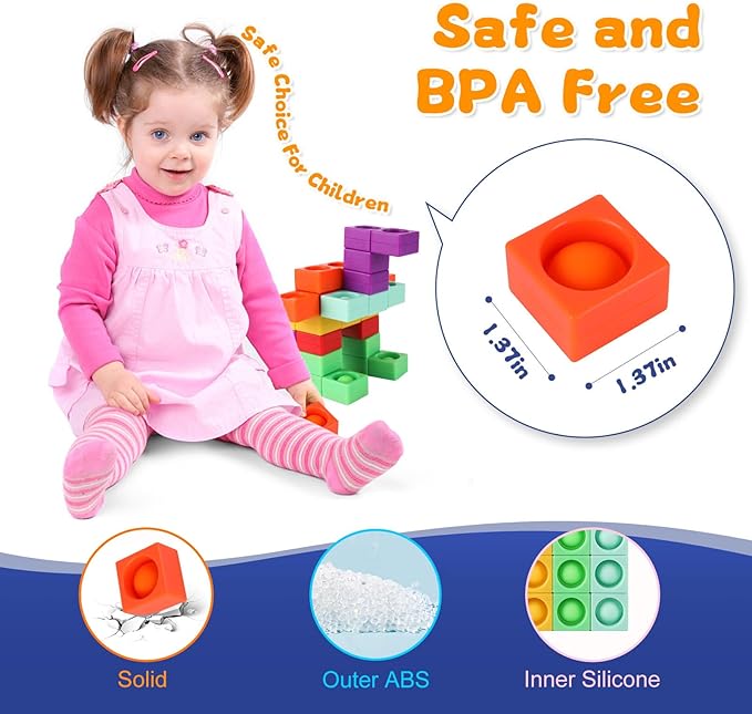 Unique Magnetic Blocks, 36 Pcs Silicone Pop Building Blocks Fidget Toy, 1.38 Large Strong Magnetic Cubes, Preschool STEM Sensory Montessori Toys for Kids Toddlers Ages 3 4 5 6 7 8