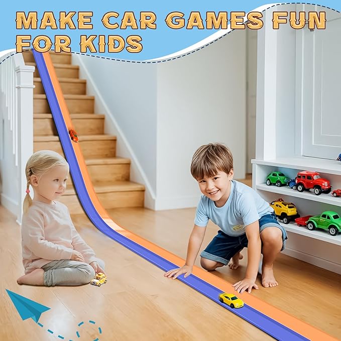 Flex Tracks 15 Ft for Kids Starter Set, Flexible Race Car Ramp Track with Suction Cups Compatible with Hot Wheels and Diecast 1/64th Cars for Ages 3 & Up(Blue & Orange)