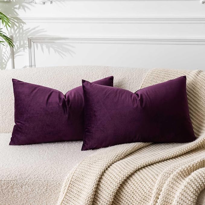 14x24 Velvet Throw Pillow Cover Set of 2 for Couch Bed Sofa,Eggplant Purple | Decorative Soft Pillow Covers with Invisible Zipper for Couch Sofa Bed Living Room Bedroom Home Decor