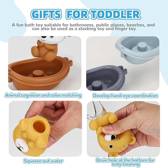 Bath Toys Float Boats for Kids Ages 18M+,Stackable Floaty Boat,Silicone Animal Finger Puppets,Toddler Toys Gifts for 2-4 Year Old Baby Gifts Valentines Easter Basket