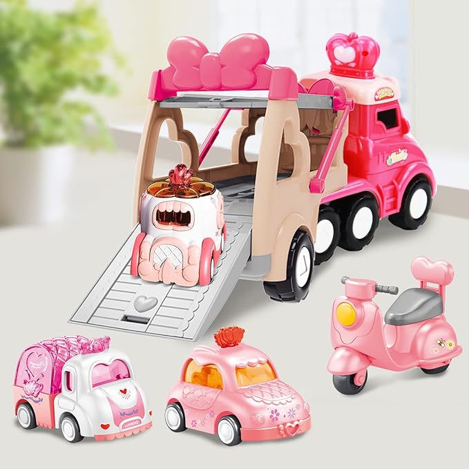 9 in 1 Carrier Truck Cars Toys - Pink Princess Girl Car with Light and Sound - Toddler Toys Age 1-4