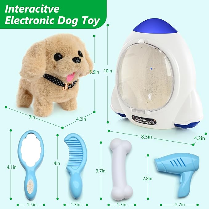 Electronic Interactive Plush Puppy - Battery Operated Mechanical Walking Little Pet Dog with a Cute Bag, Barking, Tail Wagging, Stretching Companion Animal for Toddlers & Kids (Yellow)