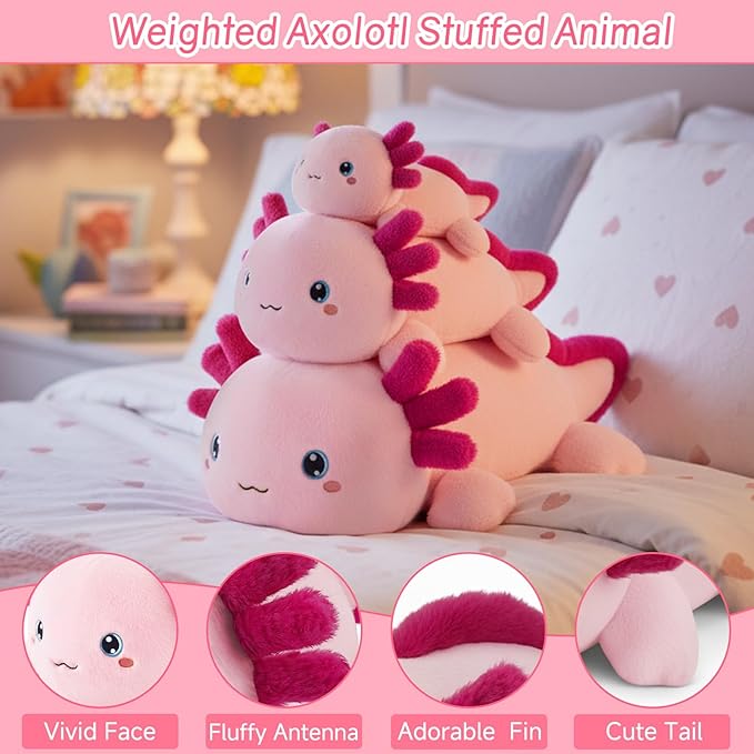 SQEQE Weighted Stuffed Animal Axolotl, Soft Weighted Axolotl Plush Toy, Cute Hugging Pillow Gift for Kids Adults, Home Decoration Valentines Gifts Birthday Present 13.8 Inch, 1.7 Lb