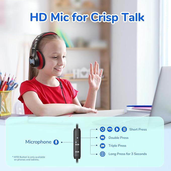 EarFun K3 Kids Headphones, USB Type C Over Ear Headphones with Microphones, 85/94dB Volume Limit, HD Stereo Sound with LED Light, Foldable Wired Headphones for School/Boys/Girls/Tablet, Black