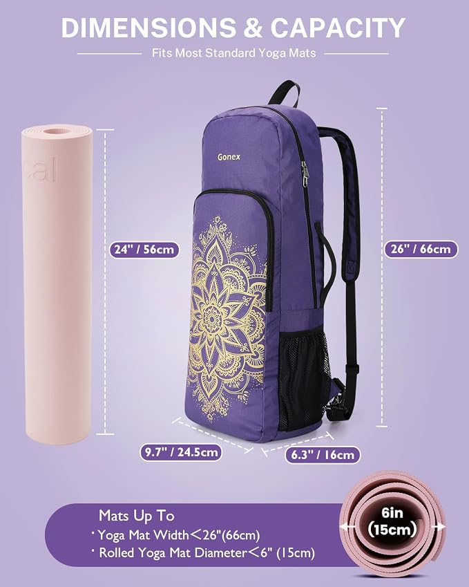 Gonex Yoga Mat Bag, 2 Carry Ways Yoga Backpack with Wet Compartment Metal Zippers for Women Men, Large Capacity Yoga Mat Carrier for Yoga, Gym, Travel