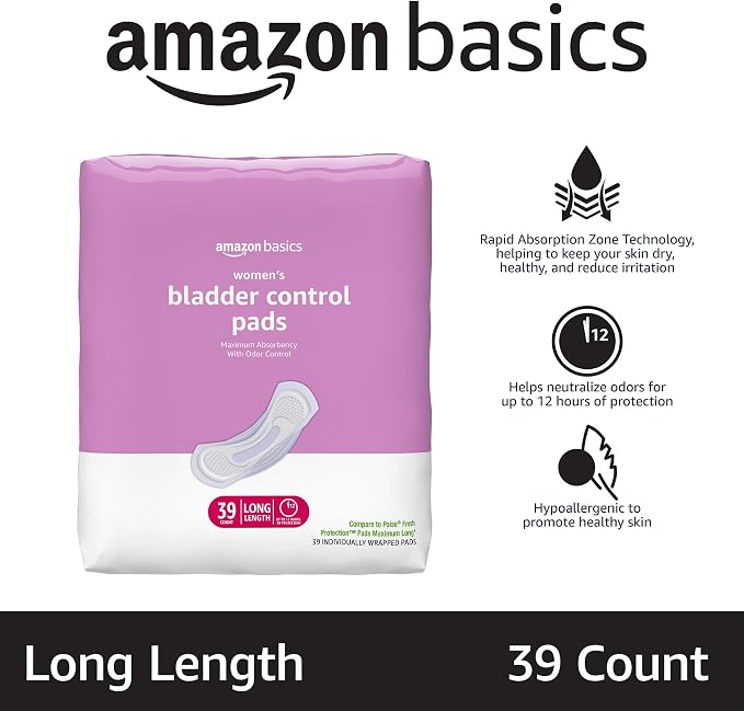 Amazon Basics Incontinence Pads for Women, Postpartum, Long, Maximum Absorbency, Bladder Control, Unscented, 39 Count (Pack of 2)