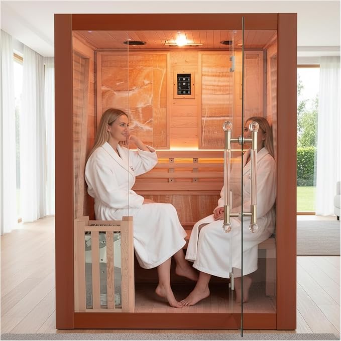 Wooden Steam Sauna Room, 2 Person Canadian Red Cedar Luxurious Indoor Sauna with 4.5 KW Harvia Stove Heater, Bluetooth Speaker, Sauna Stone, Wooden Bucket, Scoop, Reading Light, Hourglass, 220V