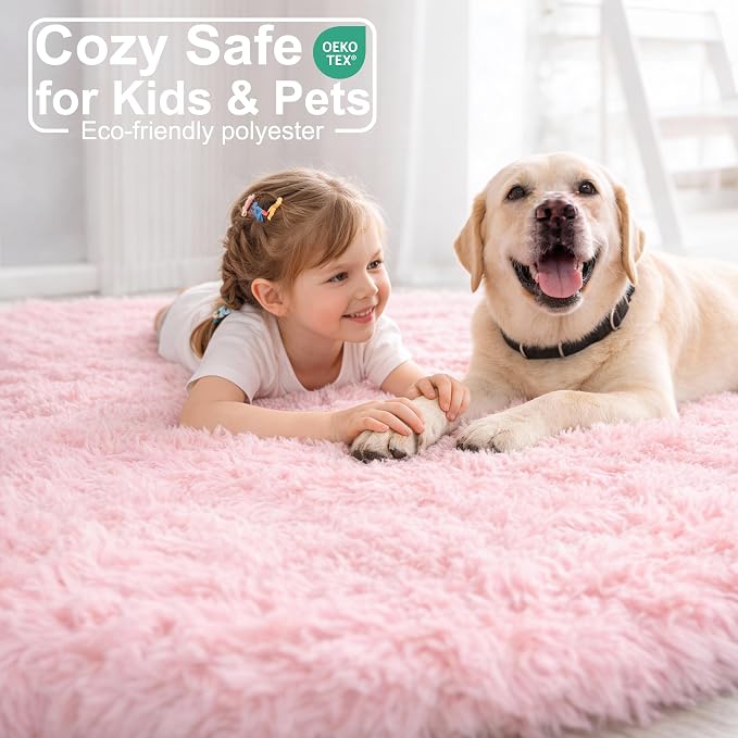 Pink Round Area Rugs 6Ft for Nursery Kids Bedroom, Large Fluffy Shag Circle Rug for Playroom Living Room, Cute Preppy Room Decor for Baby Teen Girls, Cozy Fuzzy Furry Plush Carpets for Dorm Classroom