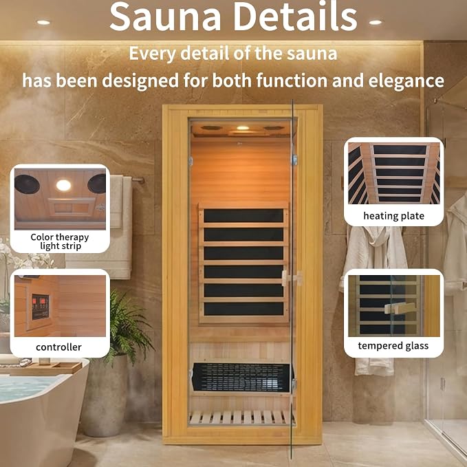 Home Infrared Sauna Room 1 Person Wooden Canadian Hemlock 1260W Low Magnetic Graphene Carbon Plate Heater Indoor Saunas (1-2 Person 34.25 * 31.1 * 66.9in)
