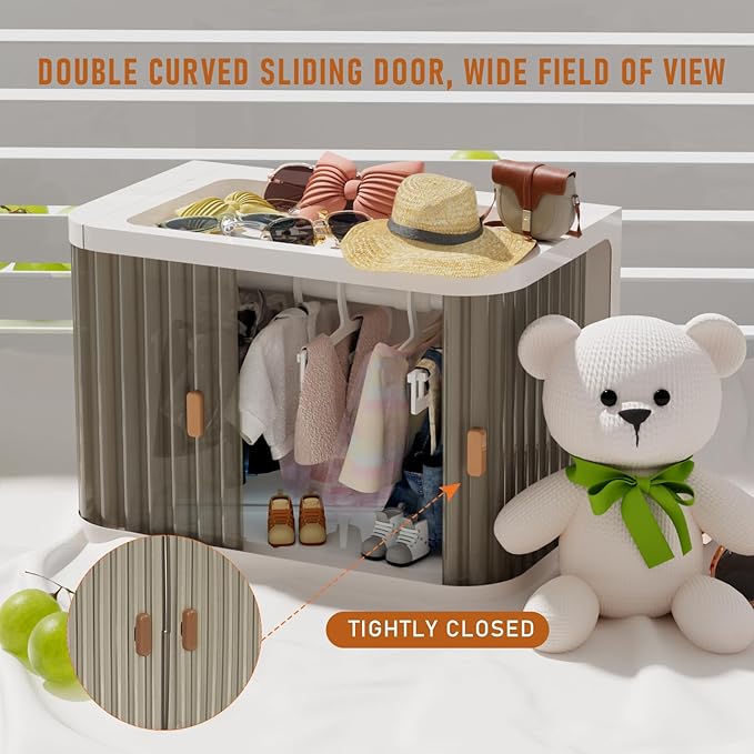 Creproly Doll Wardrobe Storage Box, Foldable Doll Closet with 10 Hangers and Rod for 15/17cm Doll Clothes Stackable Organizer Cabinet with Dust-Resistant Cover and Display Shelf (Transparent Grey)