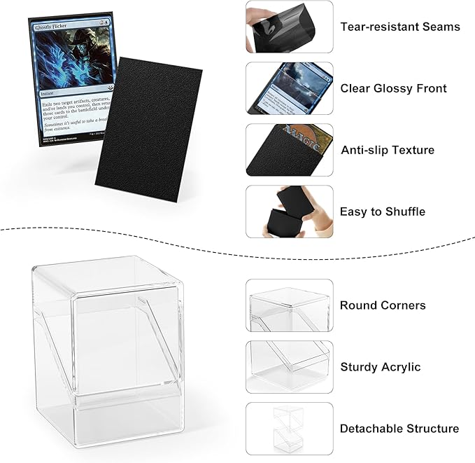 YSCare 2 Pack Card Deck Boxes, Deck Case and 200Pcs Card Sleeves with Dividers, Standard Clear Commander Storage Box Fit for MTG, Sport, Trading Cards Cards (Black)