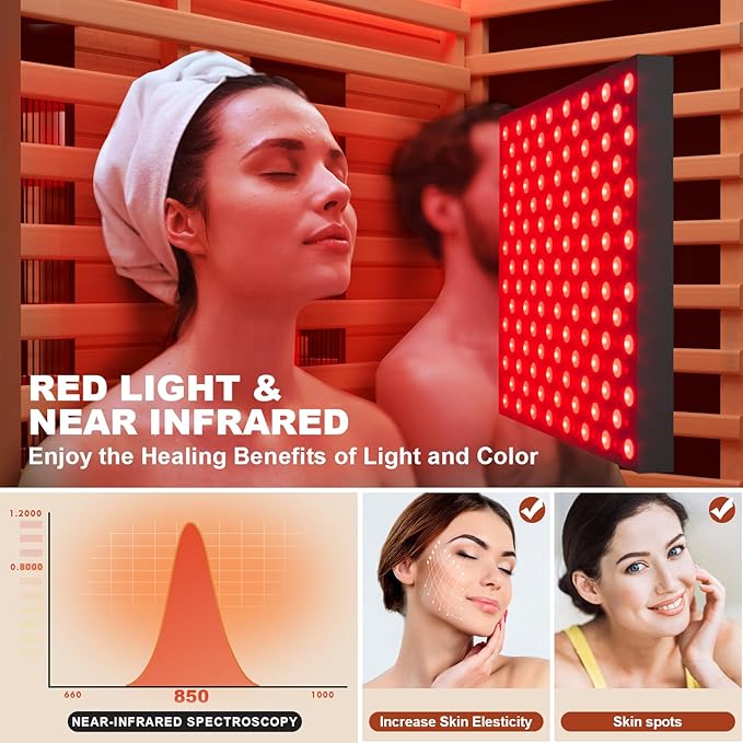 MEISSALIVVE Full Spectrum Sauna for Home, 2 Person Indoor Infrared SPA Room with 10 Minutes Warm-up Heat, Red Cedar Home Sauna Infrared Sauna with Bluetooth and Tempered Glass