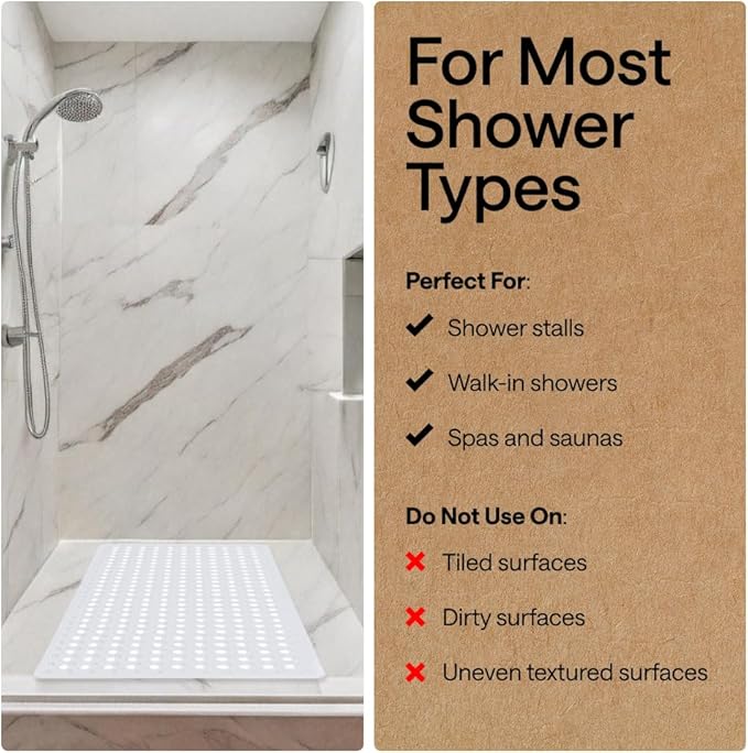 GORILLA GRIP Patented Square Shower Stall Mat, Small Bathtub Floor Mats for Stand Up Showers with Suction Cups and Drainage Holes, Machine Wash, Soft on Feet, Bathroom Accessories 21x21 Inch, White