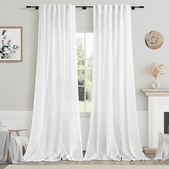 White Linen Curtains 108 Inches Long 2 Panels Set Back Tab Rod Pocket Semi Sheer Cotton Textured Light Filtering Extra Long Curtain Farmhouse High Ceiling Curtains for Living Room 9Ft 42x108