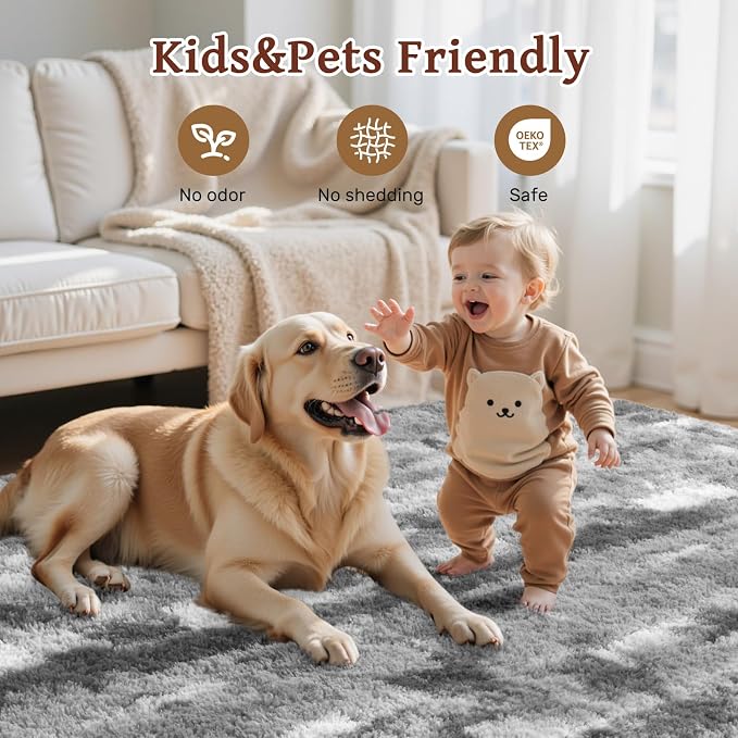 Area Rugs for Living Room 6x9 Feet, Soft Fluffy Shagg Plush Bedroom Rug Non-Slip,Large Carpet for Nursery Kids Dorm Home Decor Grey and White