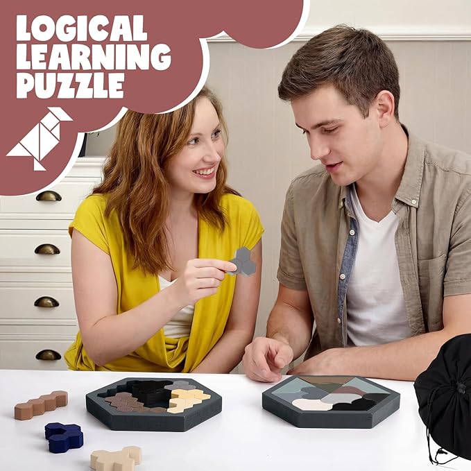 Yunsailing 3 Pack Hexagon Tangram Puzzle Wooden Brain Puzzles with Storage Bag Challenge Wood Russian Blocks Brain Teasers Geometric Jigsaw Block Logic Iq Stem for Family Party Gift (Modern)