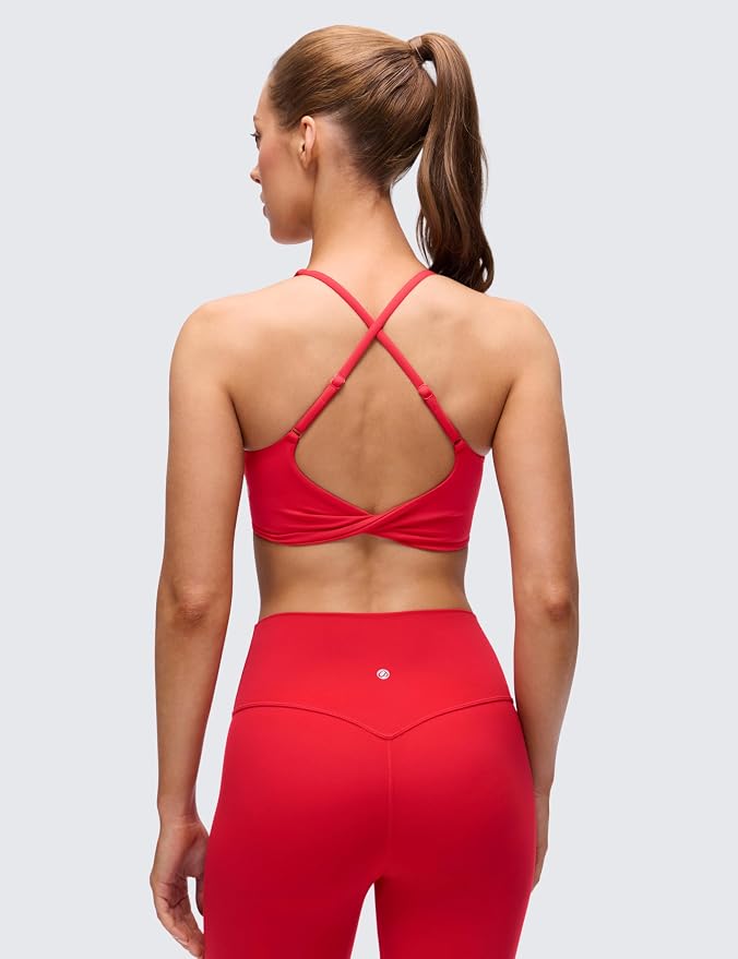 CRZ YOGA Butterluxe V Neck Twist Cross Back Sports Bras for Women - Adjustable Spaghetti Straps Padded Crop Yoga Top
