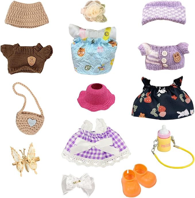 5 Outfits for 17cm Dolls (No Doll) – Stylish Mini Doll Clothes Set with Shoes, Hats, Bags & Bows – Cute Dress-Up Fashion Gift for Girls (B3, 5)
