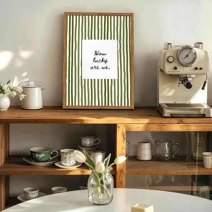 Framed How Lucky Are We Wall Art, Green Striped Pictures Wall Decor, Trendy Inspirational Quote Paintings Canvas Prints Preppy Home Decor for Living Room Bedroom Office Dorm 16x24 inch