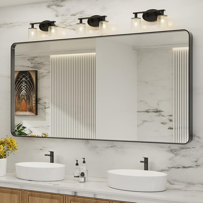 LOAAO 72X36 Inch Black Bathroom Mirror Metal Framed | Matte Black, Rounded Rectangle, Anti-Rust, Tempered Glass, Hangs Horizontally or Vertically