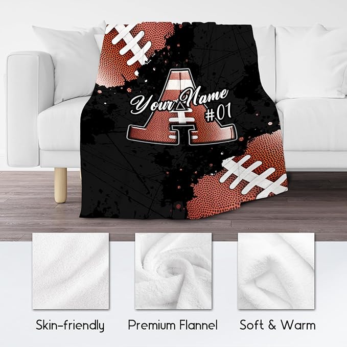 Custom Football Blanket Gifts for Boys - Personalized Initial Sports Blanket with Name - 40x50 Inches Cozy Fleece Small Throw for Kids - Cool Ideas Decor for Football Players
