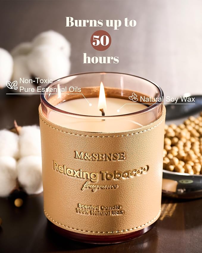 M&SENSE Cinnamon Tobacco Vegan Soy Candle | Non Toxic, 10oz, 42-Hour Slow Burning, Stress Relief Relaxation, Housewarming Gift for Father