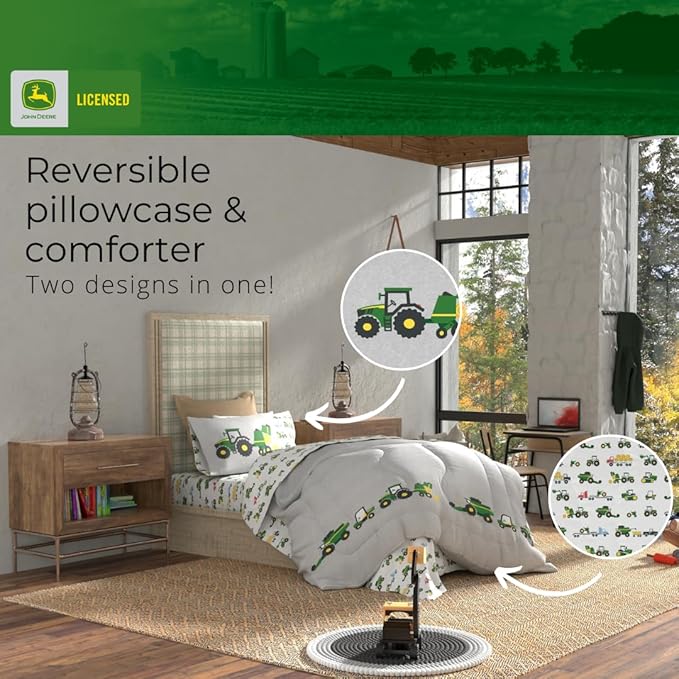 Franco Kids John Deere Farm Equipment Bedding 4 Piece Super Soft Reversible Comforter and Sheet Set, Twin, (Officially Licensed Product)