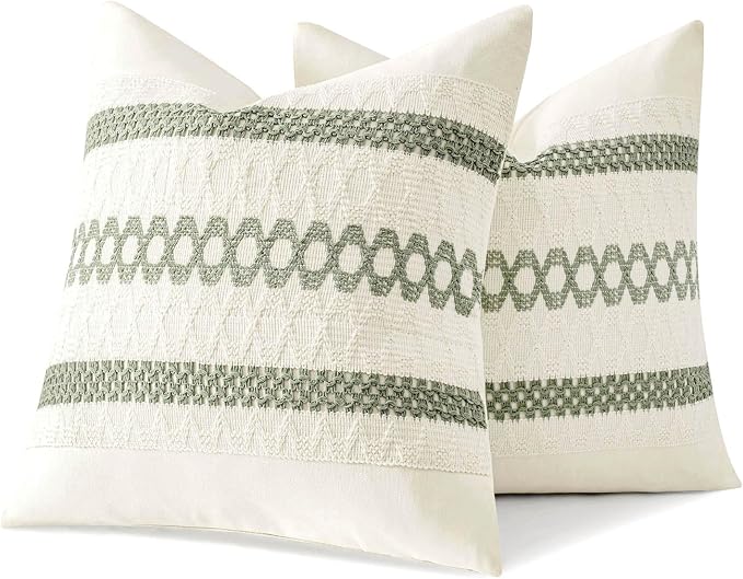 MIULEE Set of 2 Sage Green Boho Decorative Pillow Covers 18x18 Inch | Farmhouse Couch Throw Pillows, Modern Cotton Cushion Covers, Macrame Woven Spring Home Decor for Bed Sofa Chair
