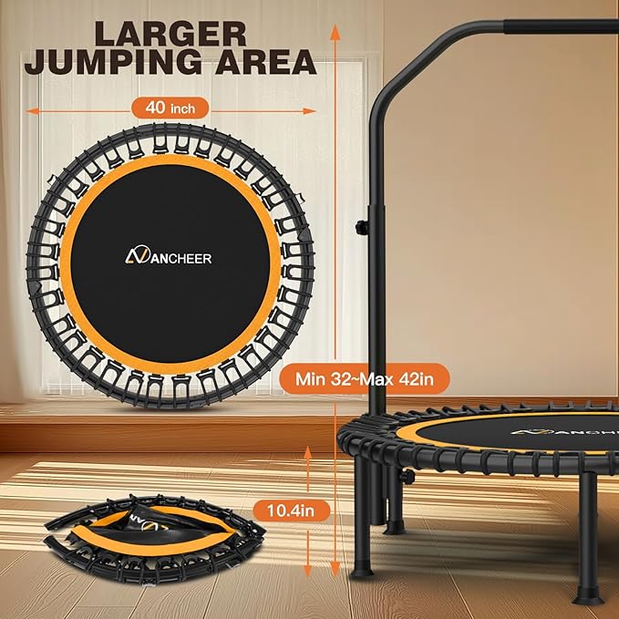 ANCHEER 40" Foldable Rebounder Trampoline for Adults/Kids with Resistance Bands and Bungees, Indoor & Outdoor Mini Trampoline with Bar and Safety Padding - Max Load 330lbs (Orange)