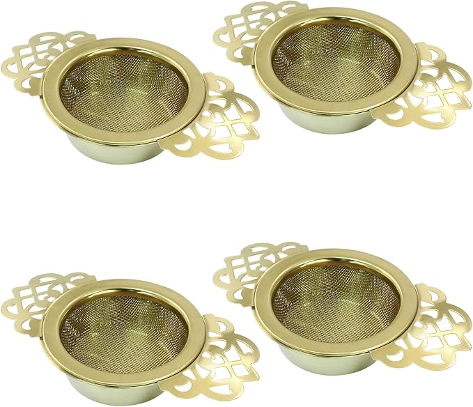 Waziaqoc 4 Pack Tea Fine Mesh Tea Strainers with Bowl, Stainless Steel Loose Leaf Tea Filter for 2.5-4 Inch Cup Mouth, Gold