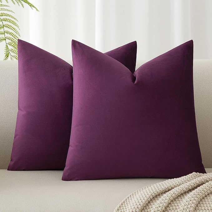 Throw Pillow Covers Set of 2 Velvet Cushion Covers 14x14,Eggplant Purple | Decorative Pillow Covers with Invisible Zipper for Couch Sofa Bed Living Room Bedroom Home Decor