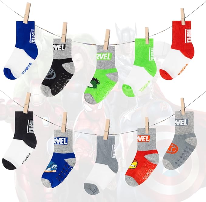 Marvel Spiderman Grip Socks, 10 Pack, Toddler Boys, Ankle Length, Multicolor, Small