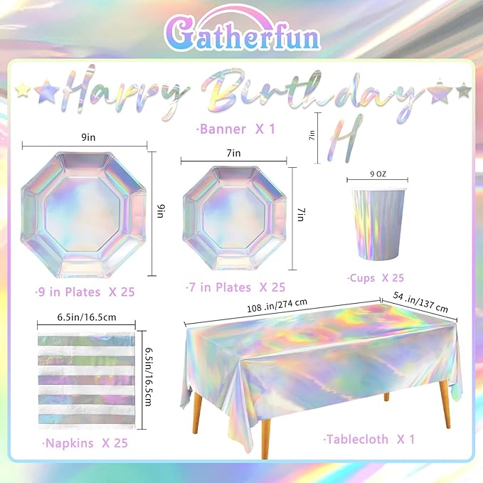 Iridescent Party Supplies - Disposable Paper Plates, Cups, Napkins, Tablecloth & Banner - Ideal for Mermaid Themed Events & Birthday or Wedding Party Decoration - Serves 25