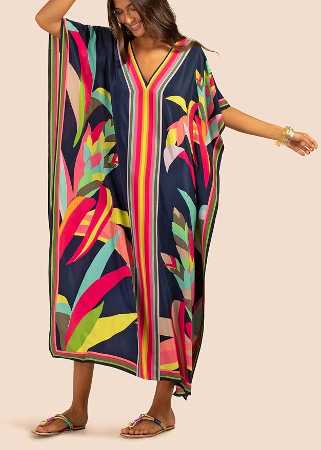 Venasha Womens Caftan Floral Print Kaftan Dress Short Sleeve Swimsuit Cover up Loungewear for Summer