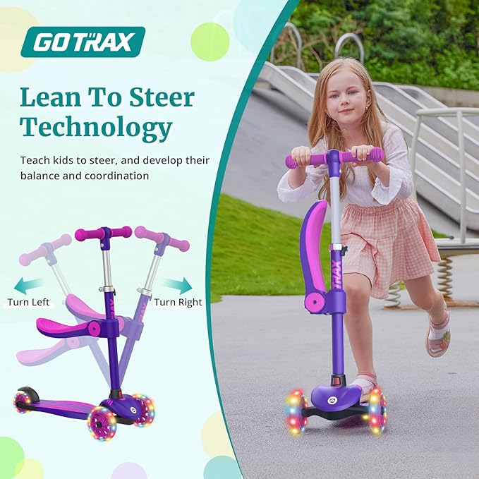 Gotrax KS3 Kids Kick Scooter, LED Lighted Wheels, Adjustable Height Handlebars and Removable Seat, Lean-to-Steer & Widen Anti-Slip Deck, 3 Wheel Scooter for Kids Ages 2-8 and up to 110 Lbs