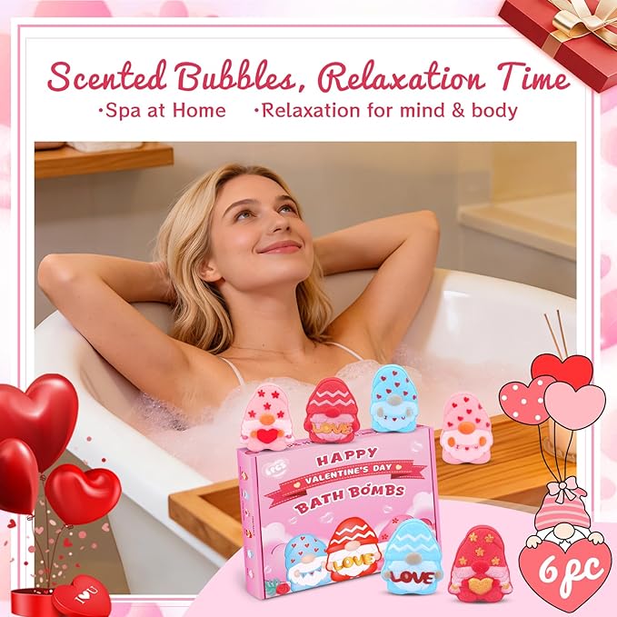 Valentines Bath Bombs, 6PCS Valentines Gnomes Heart Bath Bombs Gift Set for Women Essential Oil Bubble Bath，Body Relaxation Box for Her Wife Mom Friend
