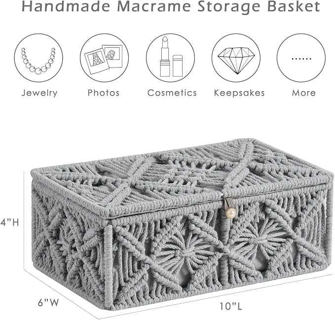Decorative Boho Storage Baskets with Lid Natural Macrame Boxes | Handmade Cotton Rope Woven Bins, Shelf Desk Organizer Container for Jewelry Memory Keepsake Photo Makeup, Gray, Small