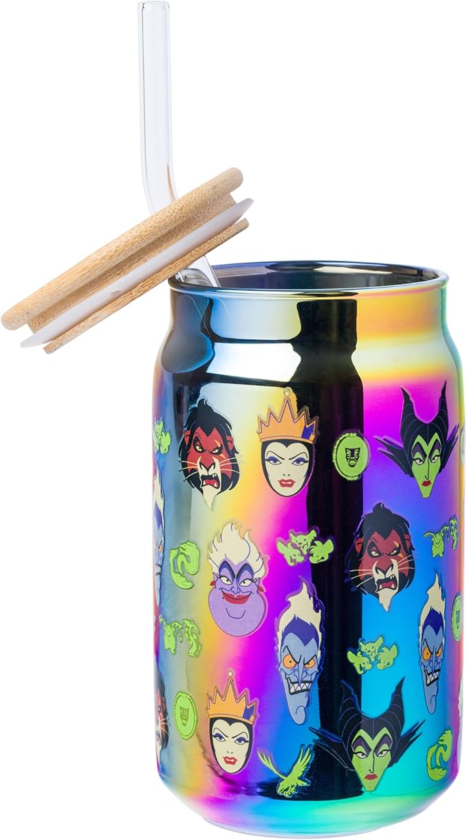 Silver Buffalo Disney Villains Electroplate Chrome Glass Tumbler with Bamboo Lid and Glass Straw Featuring Scar, Maleficent, Ursula, Evil Queen, and Hades, 16 Ounces