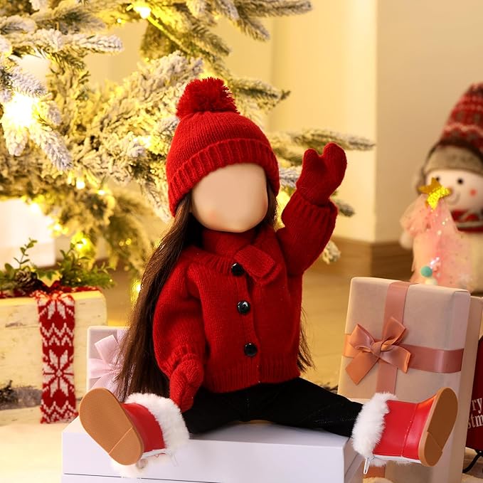 6 Pcs Christmas 18 Inch Doll Clothes and Accessories Winter Outfits Set Sweaters Trousers Hats Shoes for 18 Inch Doll Gift(Dark Red,Classic Style)