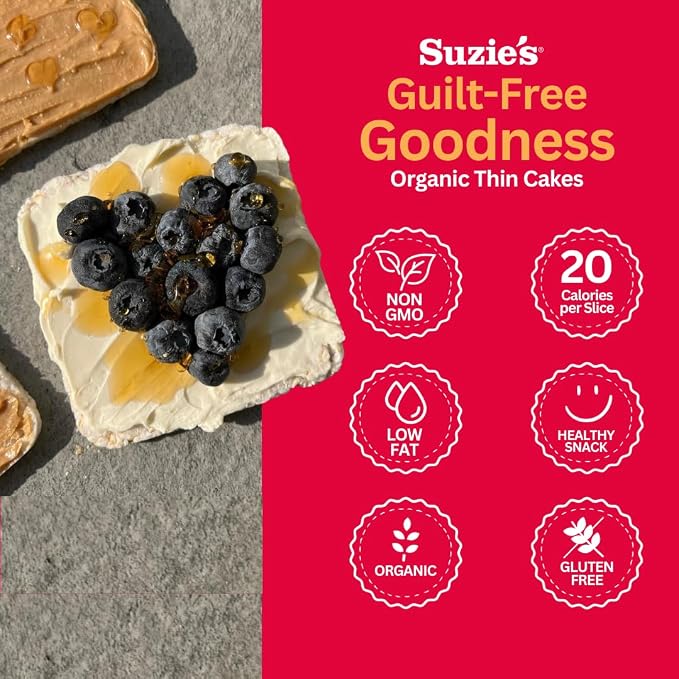 Suzie's Organic Brown Rice Cake Thins|6 Pack|Lightly Salted Low Sodium|USDA Organic, NON-GMO, Fat-Free, Sugar-Free, Gluten-Free|Low-Calorie Snack-21 Calories Per Slice|Bread & Cracker Replacement