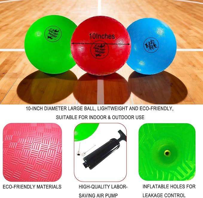 3-Pack 10 Inch Dodgeball Balls Playground Ball Kickball Handball for Kids for Indoor Outdoor Games Four Square Balls Rubber Bouncy Balls Includes Pump