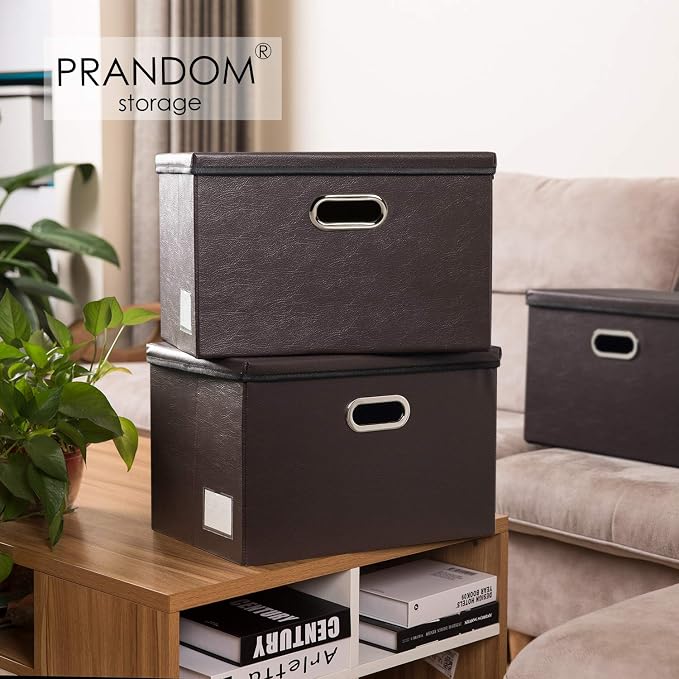 Large Collapsible Storage Bin with Lid [1-Pack] Leather Fabric Foldable Storage Box Organizer Containes Basket Cube with Cover for Home Bedroom Closet Office Nursery Brown (17.7x11.8x11.8)