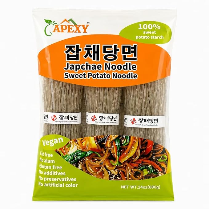 APEXY Sweet Potato Glass Noodles, Japchae Noodles, Korean Vermicelli Pasta, Fat-free and Gluten-free, 100% Sweet Potato Starch, No Additive, No Alum inside, 24oz (680g)