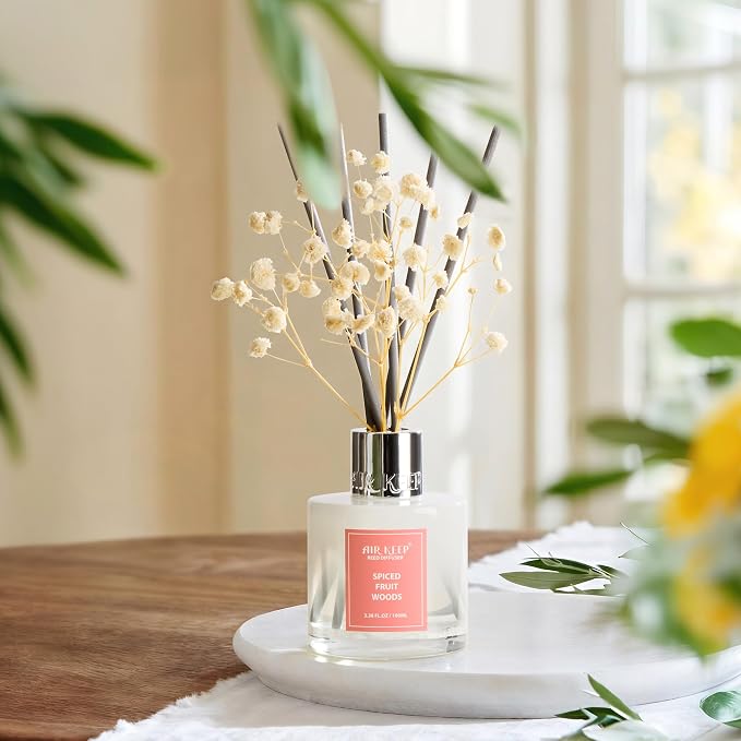 Airkeep Reed Diffuser Set,3.38 fl oz (100 ml) - Spiced Fruit Woods Oil Diffusers with 8 Reed Sticks, Home Fragrance Reed Diffuser for Bathroom Shelf Decor