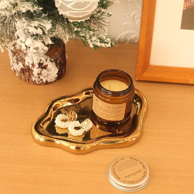 CCINPPY Ceramic Cloud Jewelry Tray Trinket Dish Key Bowl Nightstand Decor | Decorative Small Desk Tray Jewelry Plate Key Holder Bowl Cute Bedroom Room Decor Aesthetic, Gift for Women, Gold Large