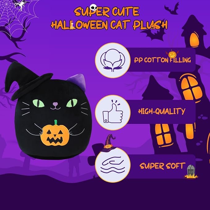 Halloween Cat Stuffed Animal Toy Cute Witch with Pumpkin Stuffed Plush Home Decor Halloween Party Gifts for Kids Girls and Boys（Witch Pumpkin Cat, 10 Inch）