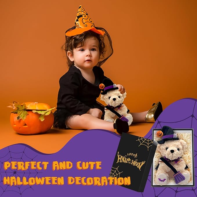 Teddy Bear Stuffed Animal Witch Bear with Broomstick Witchy Stuff - Witch Gifts for Women, Cool Witchy Birthday Gifts for Kids - Cute Purple Bear Plush Toy Party Decorations - 8 Inch