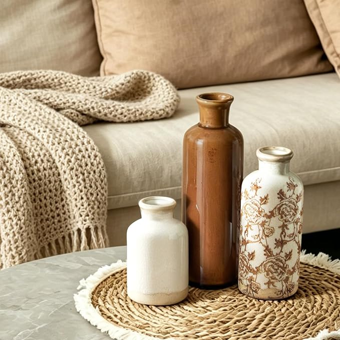 Vintage Vase Set of 3, Ceramic Vintage Flower Vases, Chinoiserie Decorative Home Decor Retro Floral Vase Rustic Farmhouse Decor for Table Bookshelf Mantel Kitchen Living Room Office - Brown